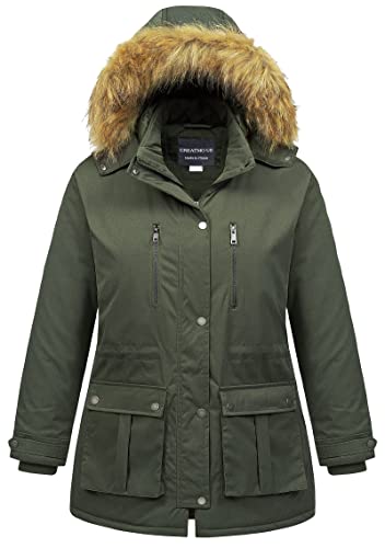 CREATMO US Women's Plus Size Winter Coats Thicken Quilted Warm Puffer Jacket Parka with Removable Fur Hood Army Green 4X