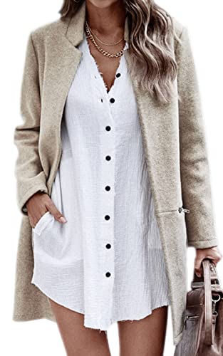 Angashion Women’s Coat, Long Sleeve Stand Collar Cardigan Mid-Long Open Front Outwear Overcoat with Zipper Pockets Beige X-Large