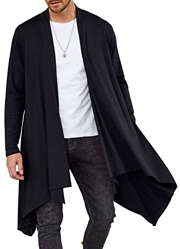 COOFANDY Black Long Cardigan Men's Long Cardigan Shawl Collar Lightweight Open Front Drape Cape Overcoat with Pockets