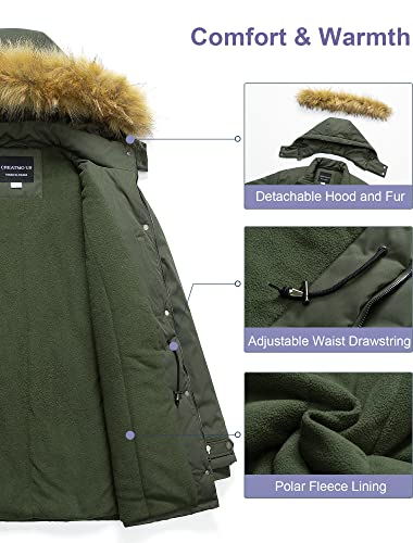 CREATMO US Women's Plus Size Winter Coats Thicken Quilted Warm Puffer Jacket Parka with Removable Fur Hood Army Green 4X