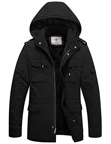 WenVen Men's Winter Safari Casual Fleece Lined Parka Jacket with Hood Black L