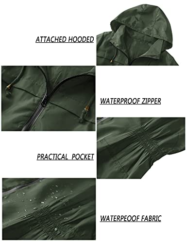 LOMON Women Waterproof Lightweight Rain Jacket Active Outdoor Hooded Raincoat (XXL, amy green)