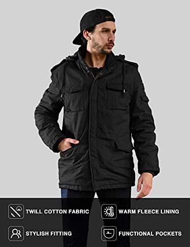WenVen Men's Winter Safari Casual Fleece Lined Parka Jacket with Hood Black L