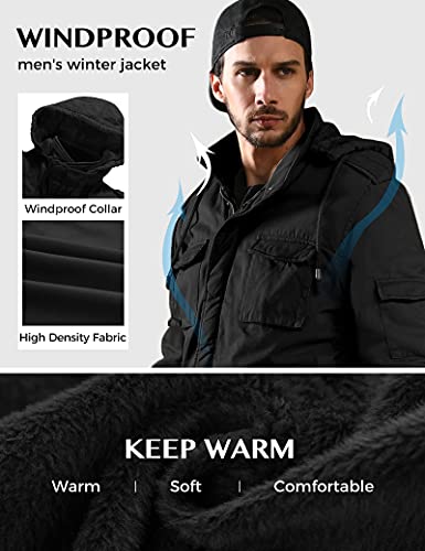 WenVen Men's Winter Safari Casual Fleece Lined Parka Jacket with Hood Black L