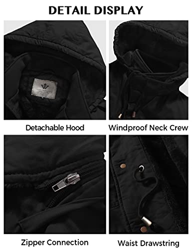 WenVen Men's Winter Safari Casual Fleece Lined Parka Jacket with Hood Black L
