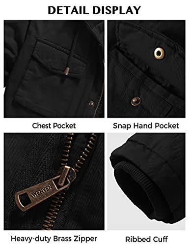 WenVen Men's Winter Safari Casual Fleece Lined Parka Jacket with Hood Black L