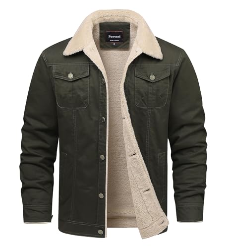 Fuwenni Men's Winter Jacket Sherpa Lined Fleece Jacket Cotton Warm Cowboy Coat Parka Army Green XL