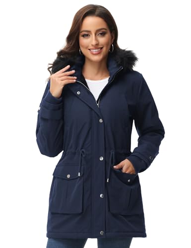ROYAL MATRIX Women's Parka Coat Winter Warm Parka Jacket Fleece Lined Parka Coat Long Winter Coat with Hood (Navy Blue, Small)