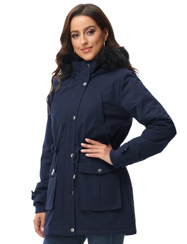 ROYAL MATRIX Women's Parka Coat Winter Warm Parka Jacket Fleece Lined Parka Coat Long Winter Coat with Hood (Navy Blue, Small)