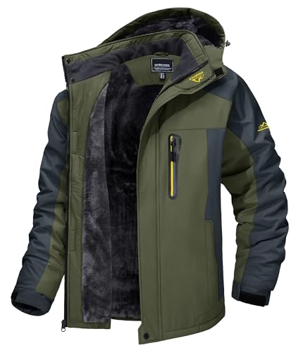 TACVASEN Men's Winter Ski Jacket Waterproof Snow Coats Fleece Snowboard Skiing Jacket Warm Parka with Hooded, Green XL