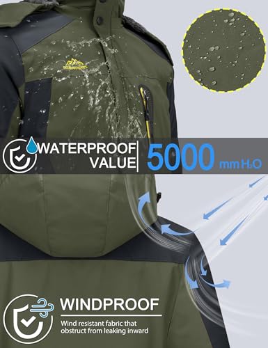 TACVASEN Men's Winter Ski Jacket Waterproof Snow Coats Fleece Snowboard Skiing Jacket Warm Parka with Hooded, Green XL