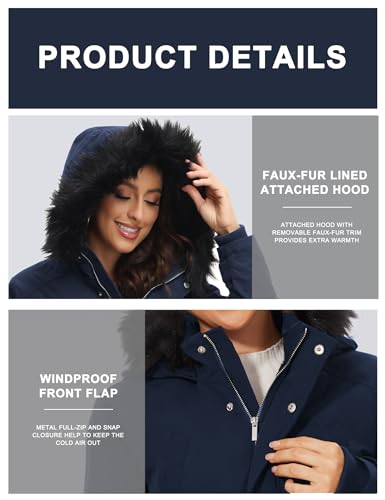 ROYAL MATRIX Women's Parka Coat Winter Warm Parka Jacket Fleece Lined Parka Coat Long Winter Coat with Hood (Navy Blue, Small)