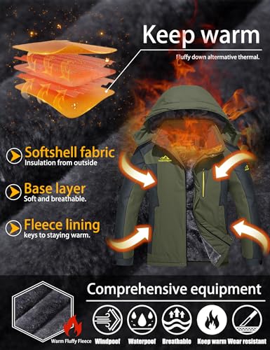 TACVASEN Men's Winter Ski Jacket Waterproof Snow Coats Fleece Snowboard Skiing Jacket Warm Parka with Hooded, Green XL