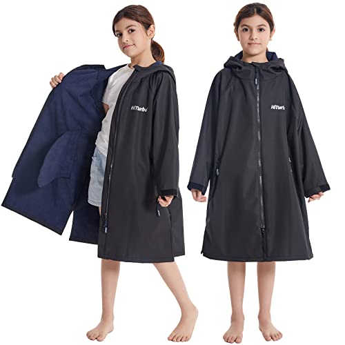Hiturbo Kids Waterproof Swim Parka: Windproof Swimming Coat - Thin Fleece Lining - Oversized Swimmer Jacket (9-14Y, Black)
