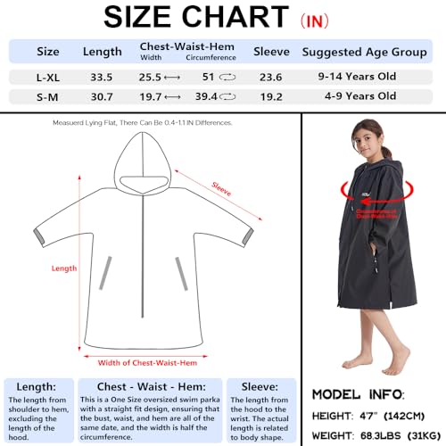 Hiturbo Kids Waterproof Swim Parka: Windproof Swimming Coat - Thin Fleece Lining - Oversized Swimmer Jacket (9-14Y, Black)
