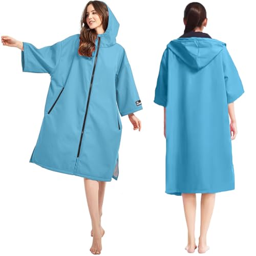 Oksun Oversized Waterproof Swim Parka: Windproof Warm Coat - 3/4 Sleeve Swimmer Jacket - Thin Fleece Lined Surf Poncho (Blue)