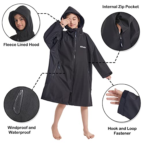 Hiturbo Kids Waterproof Swim Parka: Windproof Swimming Coat - Thin Fleece Lining - Oversized Swimmer Jacket (9-14Y, Black)