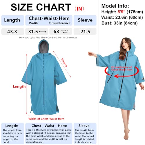 Oksun Oversized Waterproof Swim Parka: Windproof Warm Coat - 3/4 Sleeve Swimmer Jacket - Thin Fleece Lined Surf Poncho (Blue)