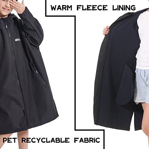 Hiturbo Kids Waterproof Swim Parka: Windproof Swimming Coat - Thin Fleece Lining - Oversized Swimmer Jacket (9-14Y, Black)