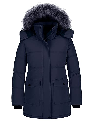 CHIN·MOON Women's Winter Jacket Windproof Snow Parka Warm Long Puffer Coat (Navy Medium)