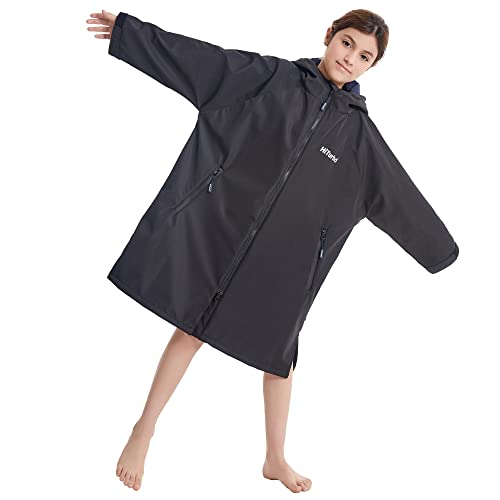 Hiturbo Kids Waterproof Swim Parka: Windproof Swimming Coat - Thin Fleece Lining - Oversized Swimmer Jacket (9-14Y, Black)