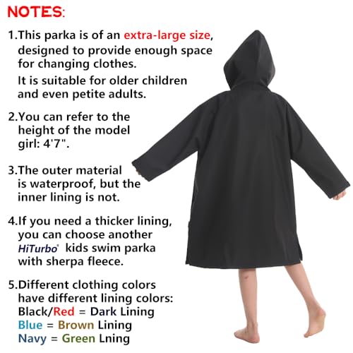 Hiturbo Kids Waterproof Swim Parka: Windproof Swimming Coat - Thin Fleece Lining - Oversized Swimmer Jacket (9-14Y, Black)