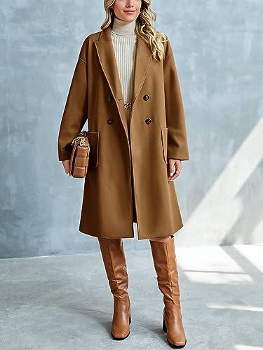 FSHAOES Womens Lapel Peacoat Winter Double-Breasted Outerwear Mid Long Jacket Casual Trench Coat