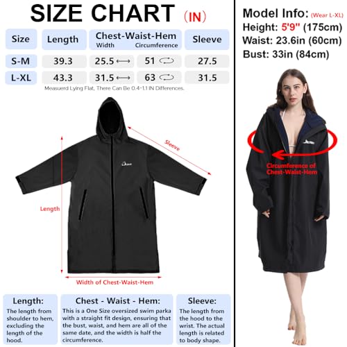 Oksun Oversized Waterproof Swim Parka: Windproof Warm Swimming Coat - Water Resistant Jacket - Thin Fleece Lined Surf Poncho (S-M, Black)