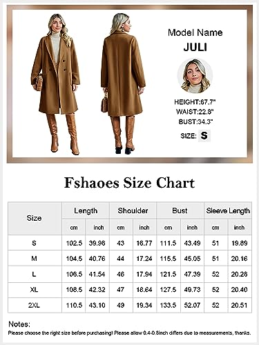 FSHAOES Womens Lapel Peacoat Winter Double-Breasted Outerwear Mid Long Jacket Casual Trench Coat