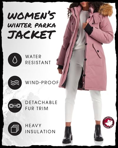 CANADA WEATHER GEAR Women's Winter Coat - Stadium Parka Jacket, Fur Trim Hood (S-3XL), Size Medium, Pink Haze