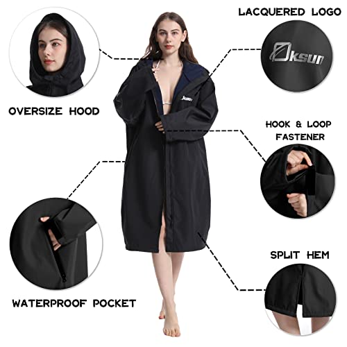 Oksun Oversized Waterproof Swim Parka: Windproof Warm Swimming Coat - Water Resistant Jacket - Thin Fleece Lined Surf Poncho (S-M, Black)