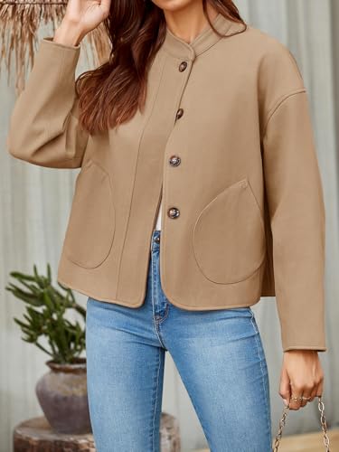 Tankaneo Womens Short Pea Coats Long Sleeve Button Down Casual Bomber Jackets with Pockets