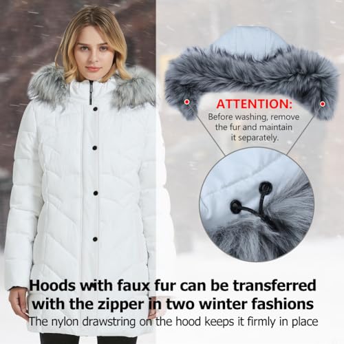 BINACL Women's Thickened Down Alternative Jacket, Snowboard Skiing Parka Puffer Tunnel Collar Elastic Neck Cotton Padding Slide Water Resistant Outwear Jacket with Fur Trim Removable Hood(Black,L)
