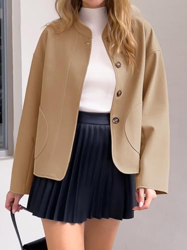 Tankaneo Womens Short Pea Coats Long Sleeve Button Down Casual Bomber Jackets with Pockets
