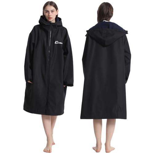 Oksun Oversized Waterproof Swim Parka: Windproof Warm Swimming Coat - Water Resistant Jacket - Thin Fleece Lined Surf Poncho (S-M, Black)