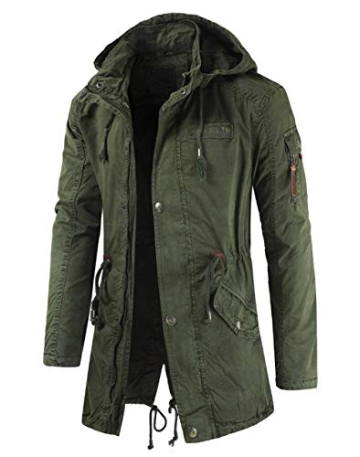 chouyatou Men's Spring Military Full-Zip Removable Hooded Cotton Mid-Long Parka Jacket Coat (Small, Army Green)