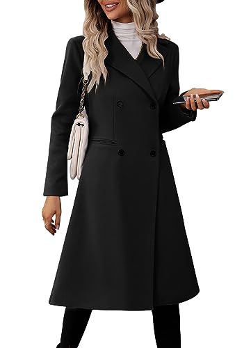 Danedvi Womens Long Double Breasted Coats Lapel Collar Wool Blend Pea Coat Winter Slim Fit Jackets Trench Coat Outwear