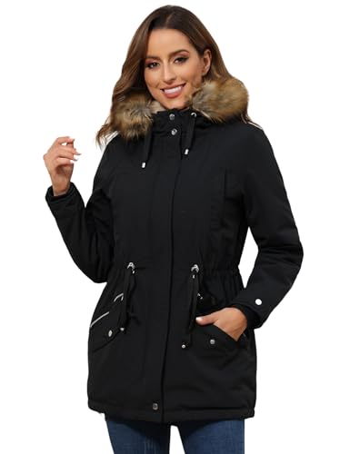 ROYAL MATRIX Women's Winter Coats Fleece Lined Parka Jacket Hooded Long Winter Warm Parka Coat with Pockets Black,14