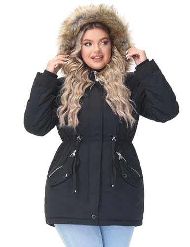 ROYAL MATRIX Women's Winter Coats Fleece Lined Parka Jacket Hooded Long Winter Warm Parka Coat with Pockets Black,14