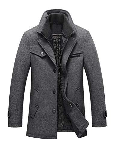 Litteking Men's Winter Pea Coat Casual Woolen Trench Coat Single Breasted Short Wool Jacket Gray M