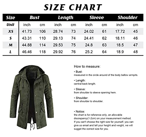 chouyatou Men's Spring Military Full-Zip Removable Hooded Cotton Mid-Long Parka Jacket Coat (Small, Army Green)