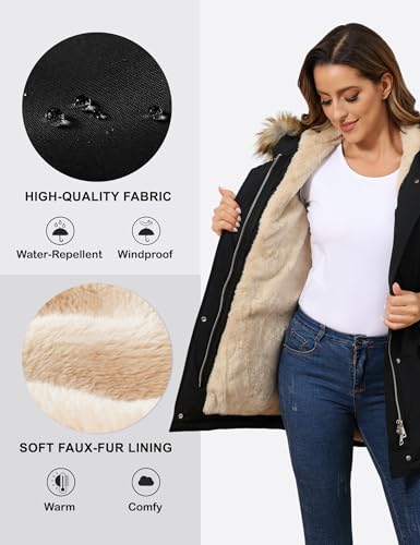 ROYAL MATRIX Women's Winter Coats Fleece Lined Parka Jacket Hooded Long Winter Warm Parka Coat with Pockets Black,14