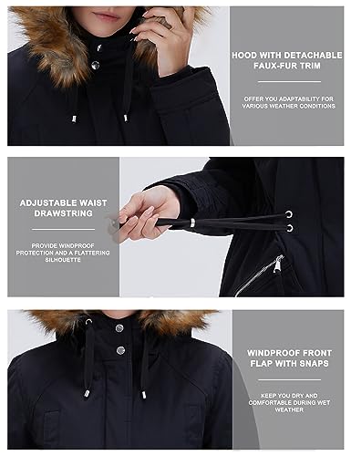 ROYAL MATRIX Women's Winter Coats Fleece Lined Parka Jacket Hooded Long Winter Warm Parka Coat with Pockets Black,14