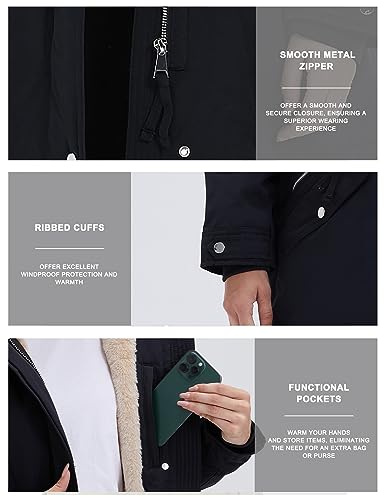 ROYAL MATRIX Women's Winter Coats Fleece Lined Parka Jacket Hooded Long Winter Warm Parka Coat with Pockets Black,14