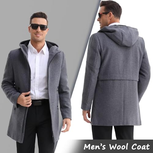 ELETOP Men's Wool Coat Classic Hooded Trench Coat Winter Long Jacket Pea Coat 1812 Grey XL