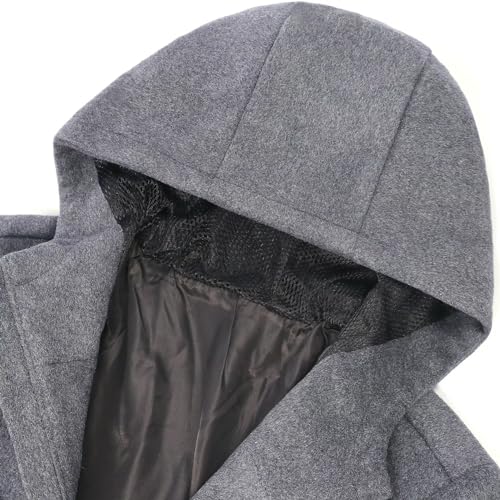 ELETOP Men's Wool Coat Classic Hooded Trench Coat Winter Long Jacket Pea Coat 1812 Grey XL