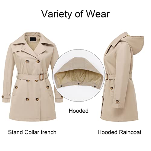 CREATMO US Plus Size Rain Coats for Women Dress Coat Long Trenchcoat Double Breasted Trench Water Resistant Classic Peacoat With Belt Khaki 5X