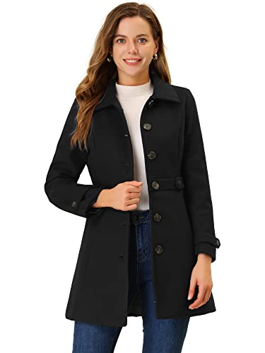 Allegra K Women's Winter Classic Outwear Overcoat with Pockets Single Breasted Pea Coat Medium Black