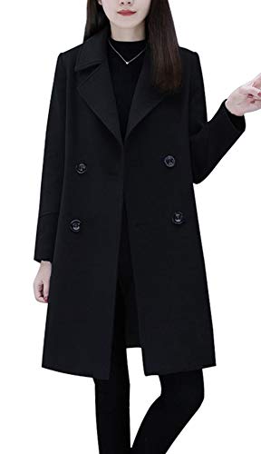 chouyatou Women's Basic Essential Double Breasted Mid-Long Wool Blend Pea Coat (X-Large, Black)