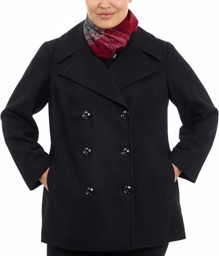London Fog Women's Plus-Size Double Breasted Peacoat with Scarf, Black, 1X